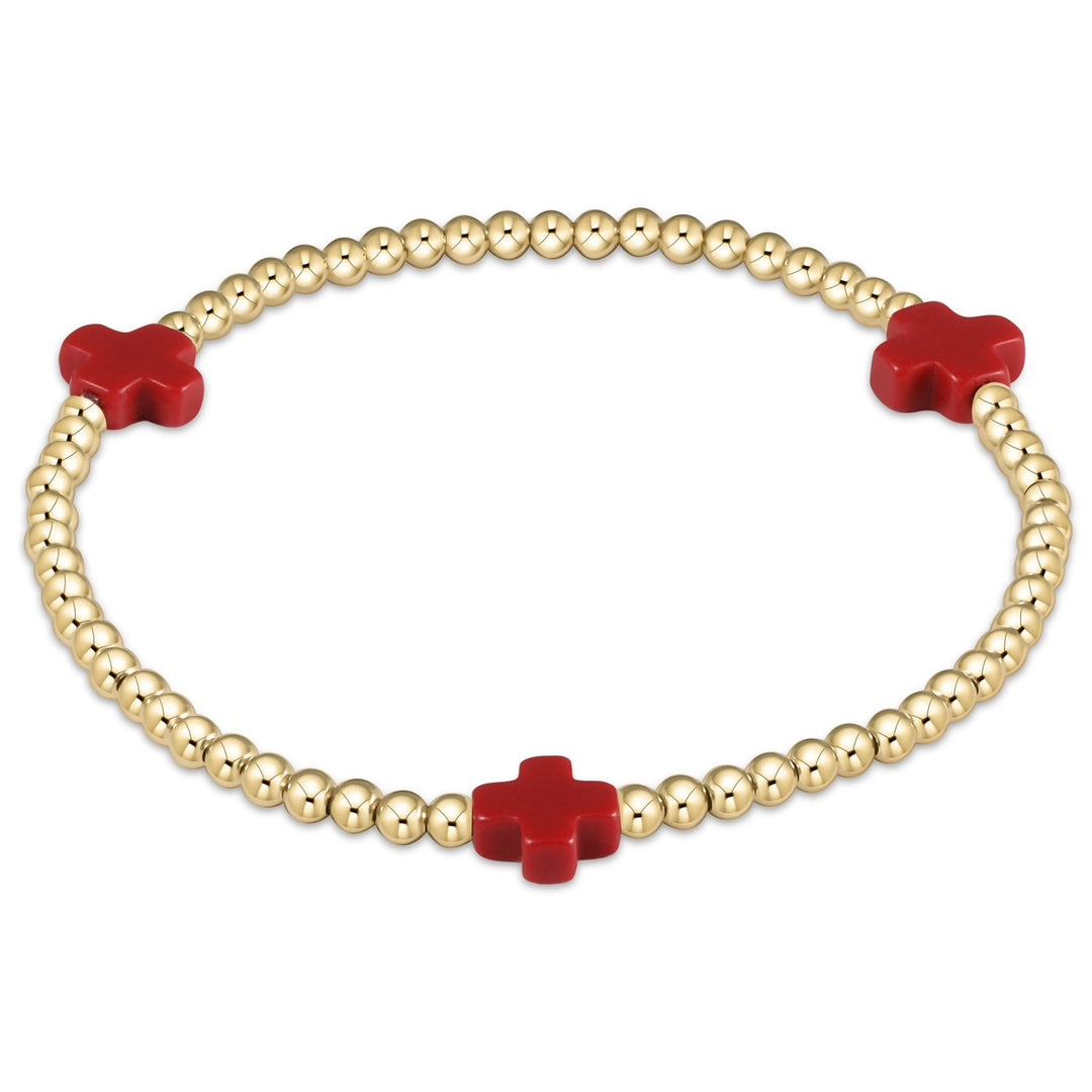 E Newton Signature Cross Gold Pattern 3mm Bead Bracelet Red