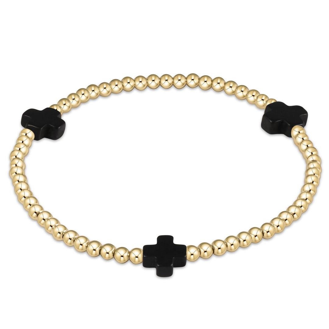 E Newton Extends Signature Cross Gold Pattern 3mm Bead Bracelet Onyx