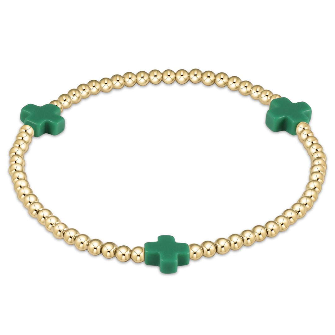 E Newton Signature Cross Gold Pattern 3mm Bead Bracelet Emerald
