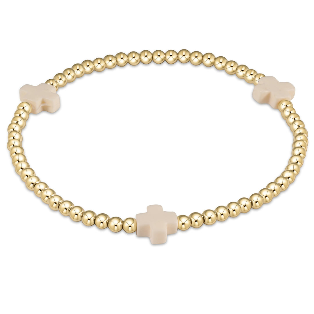 E Newton Signature Cross Gold Pattern 3mm Bead Bracelet Off White