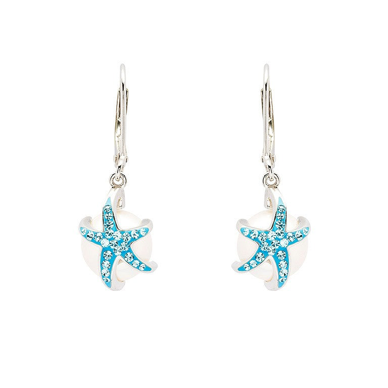Sterling Silver Pearl & Aqua Crystal Starfish Earrings