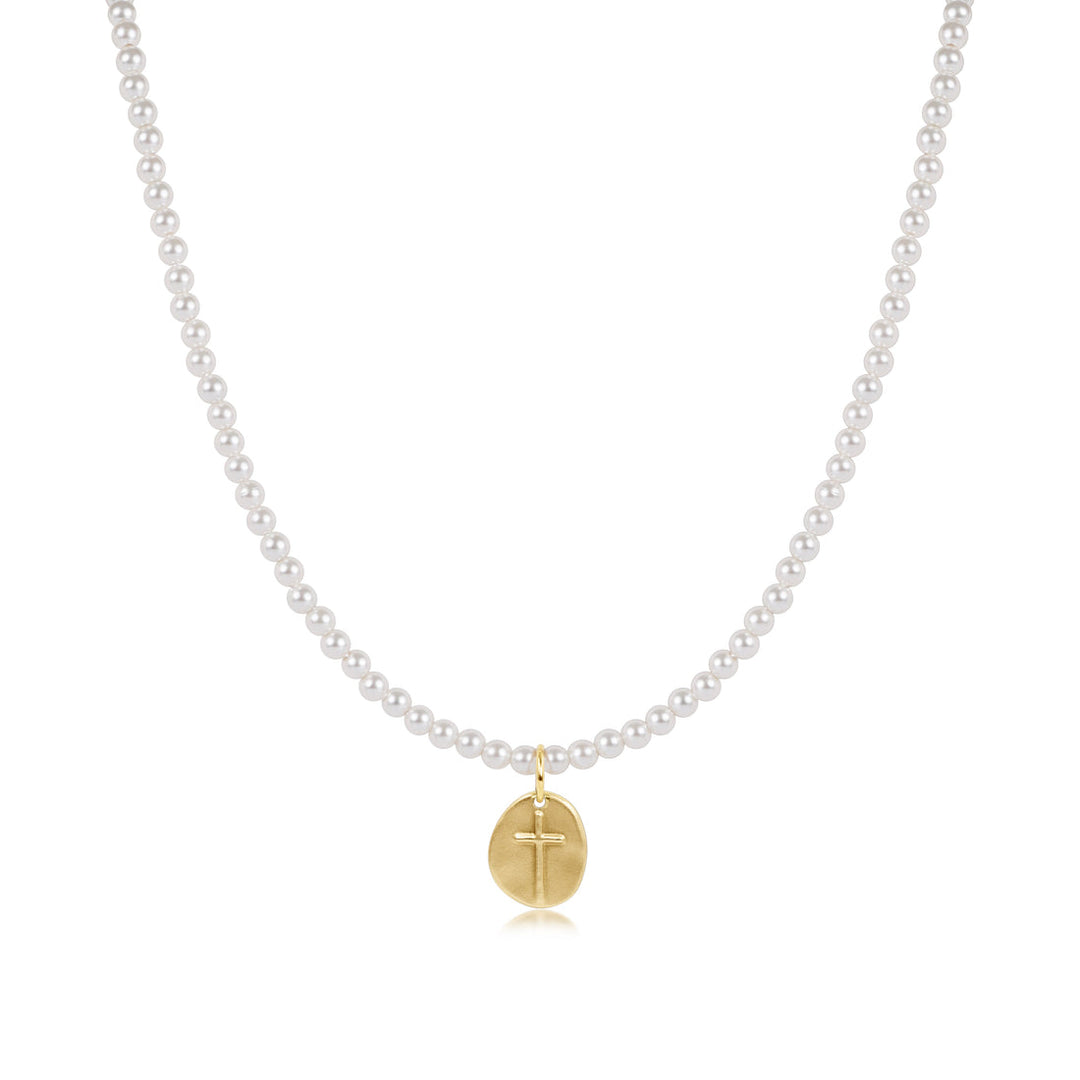 E Newton Choker Classic Pearl 3MM Bead Inspire Small Gold Cross Charm