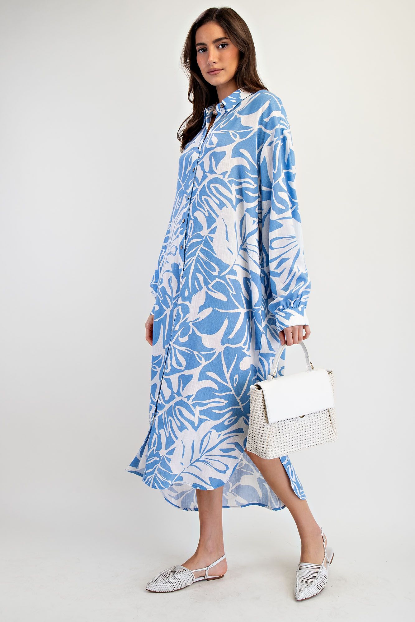 Easel Leaf Print Shirt Dress