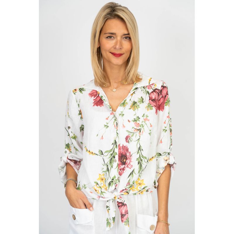 Look Mode Floral Linen Tie Front Top