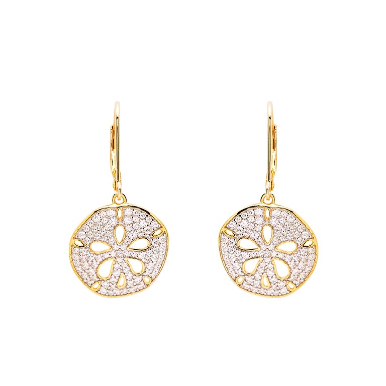 14K Gold Vermeil Sand Dollar Earrings w/ Cubic Zirconias