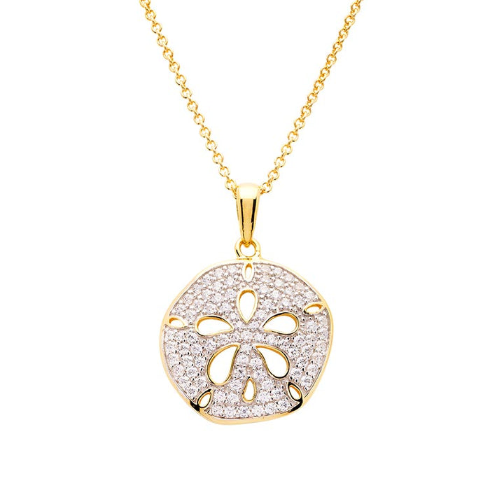 14K Gold Vermeil Sand Dollar Necklace w/ Cubic Zirconia