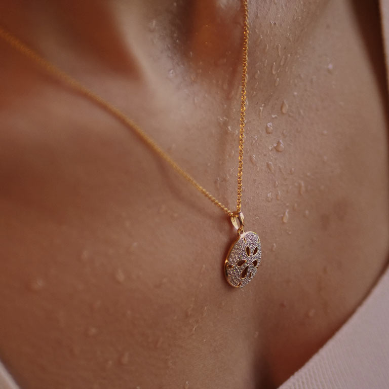 14K Gold Vermeil Sand Dollar Necklace w/ Cubic Zirconia