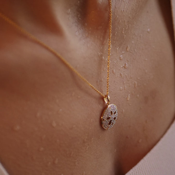 14K Gold Vermeil Sand Dollar Necklace w/ Cubic Zirconia