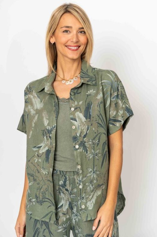 Look Mode Banana Leaf Print Linen Shirt