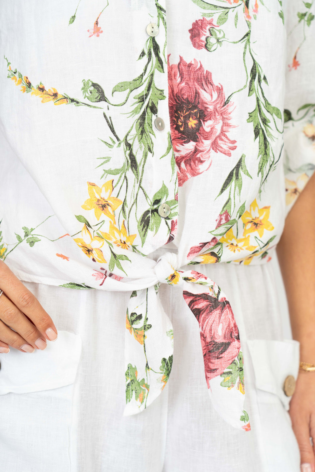 Look Mode Floral Linen Tie Front Top