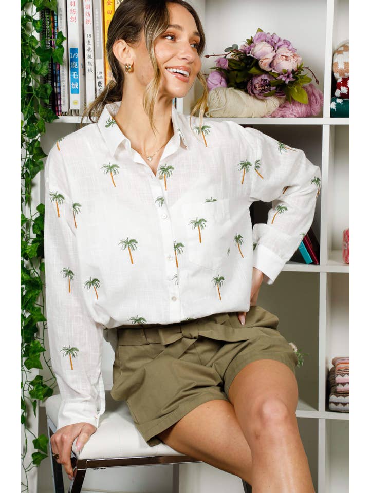 Collared Palm Print Blouse
