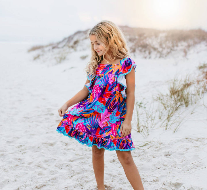 Girls Tropical Ruffle Dress