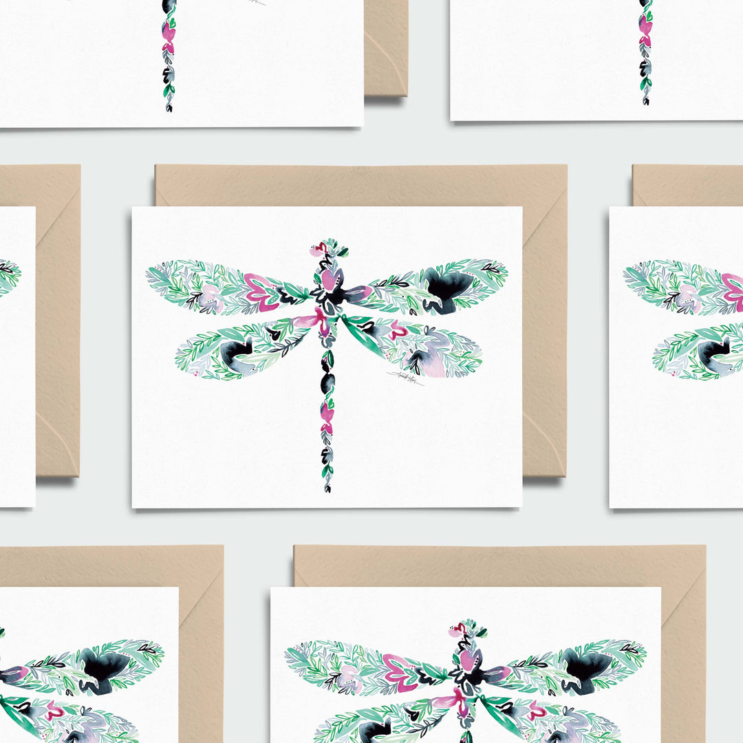 Dragonfly Floral Note Card Stationery Set