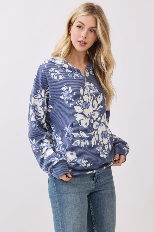 Floral Ribknit Hoodie