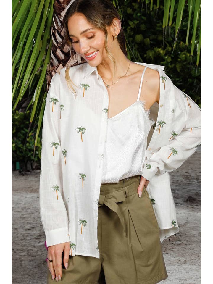 Collared Palm Print Blouse