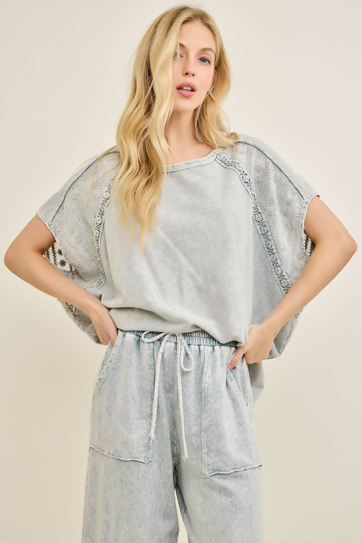 Mineral Washed Eyelet Trim top