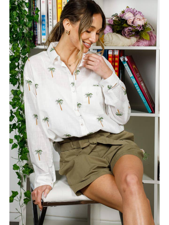 Collared Palm Print Blouse