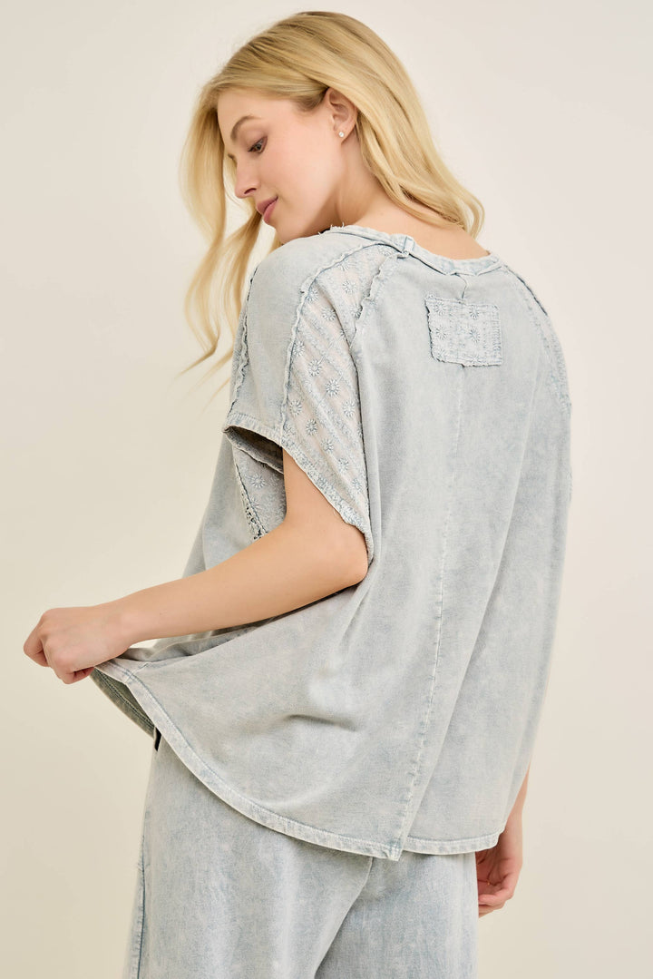 Mineral Washed Eyelet Trim top