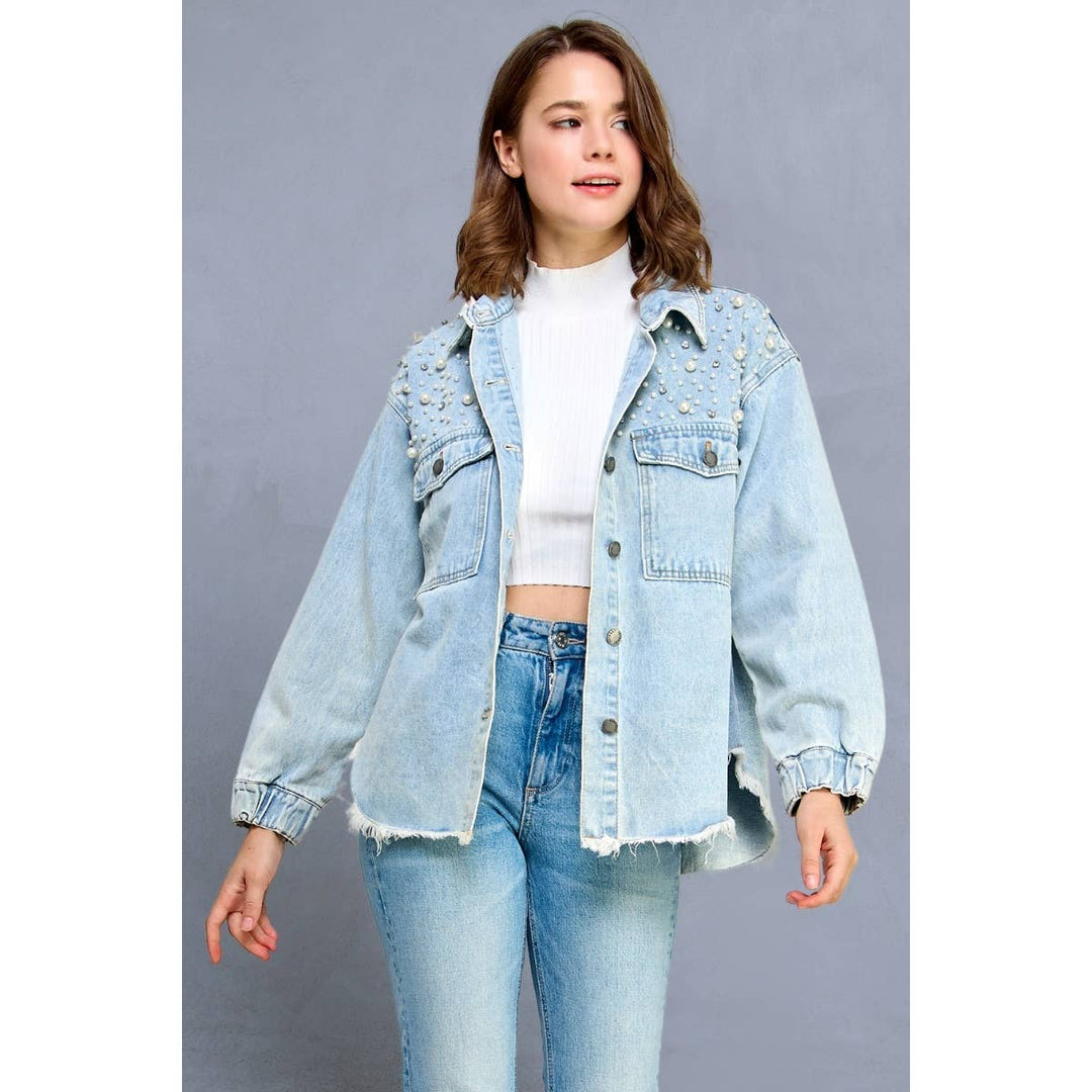 Pearl and Rhinestone Denim Shacket