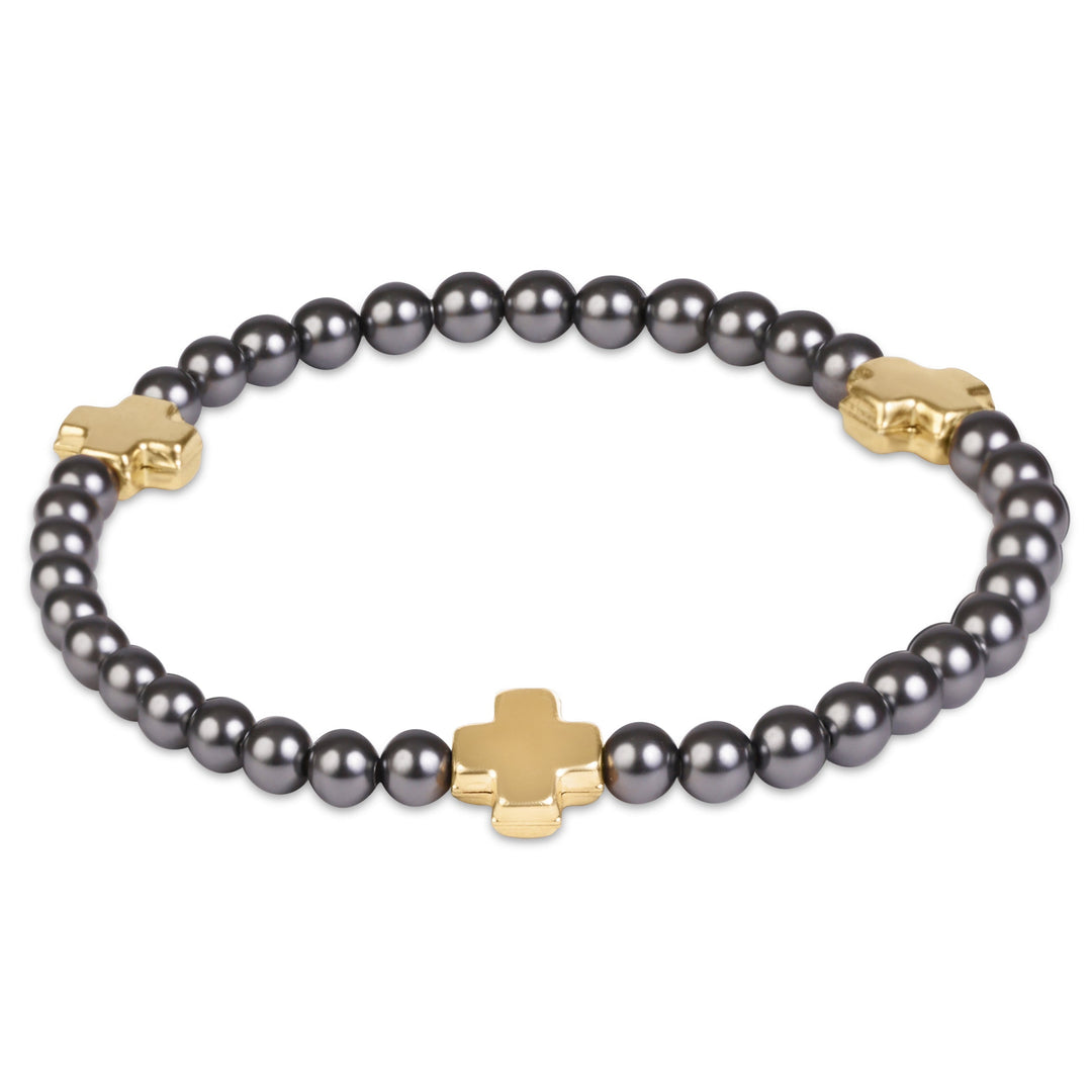 E Newton Signature Cross 4mm Gold Bracelet Pearl Dark Grey Bracelet