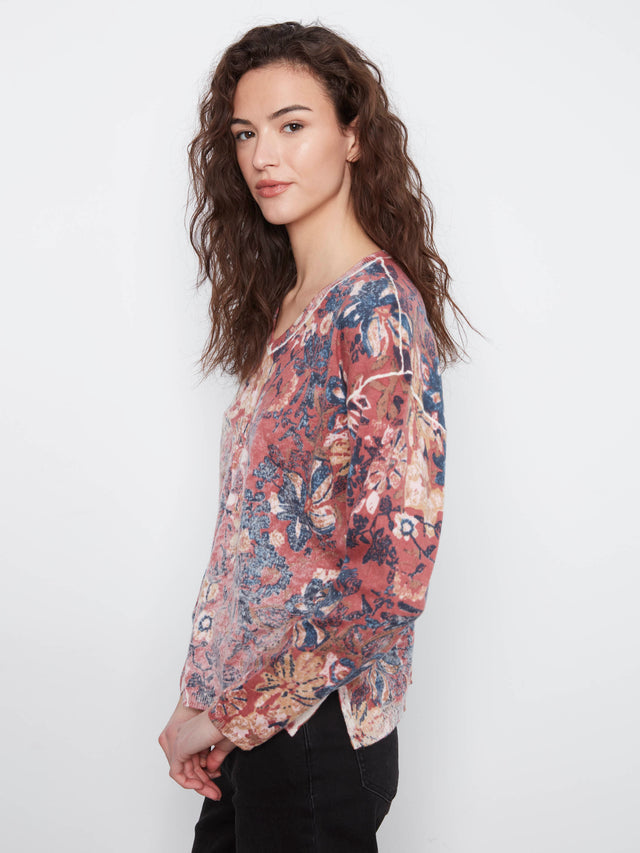 Charlie B Reversible Floral V-Neck Sweater