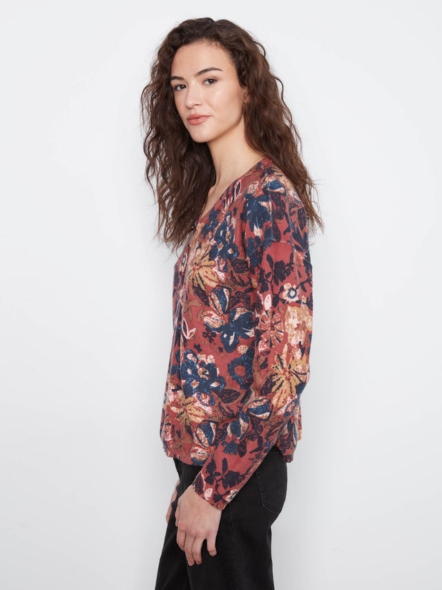 Charlie B Reversible Floral V-Neck Sweater