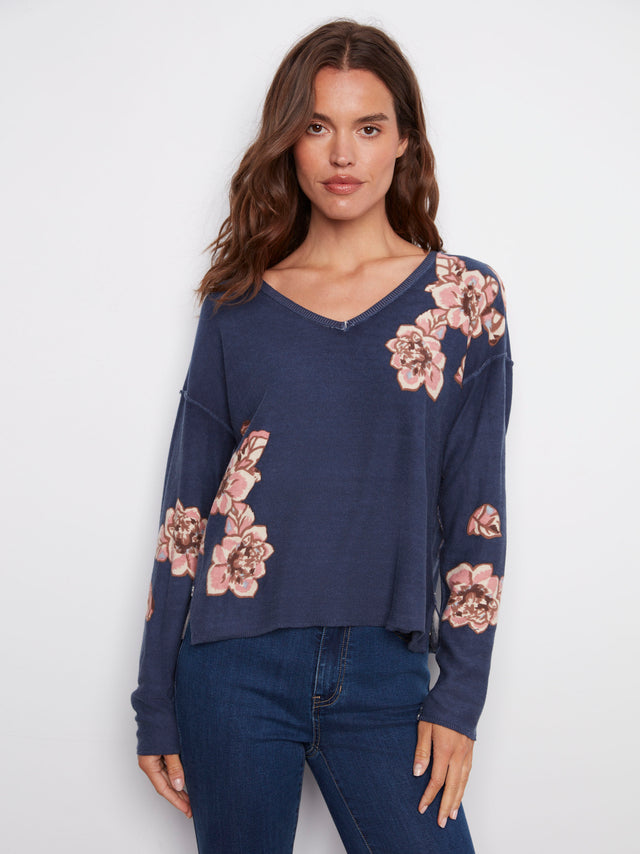 Charlie B Reversible Floral V-Neck Sweater