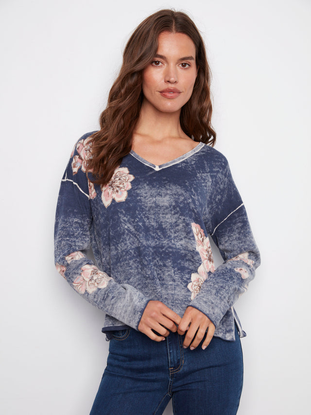 Charlie B Reversible Floral V-Neck Sweater