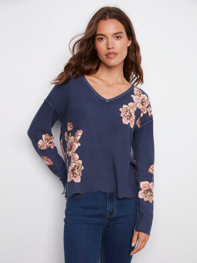 Charlie B Reversible Floral V-Neck Sweater