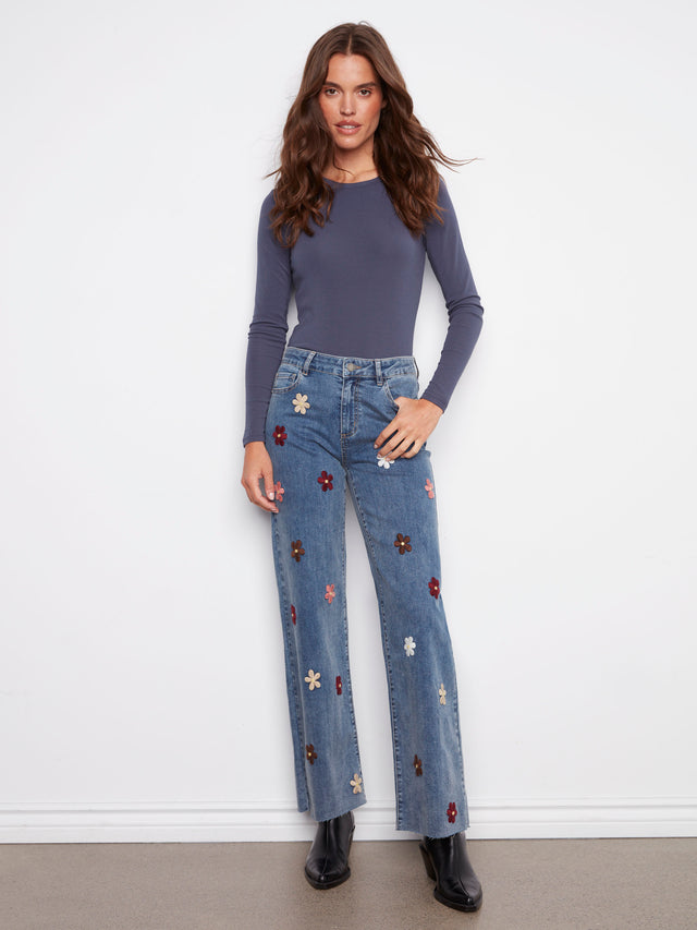 Charlie B Flower Patch Wide Leg Jeans