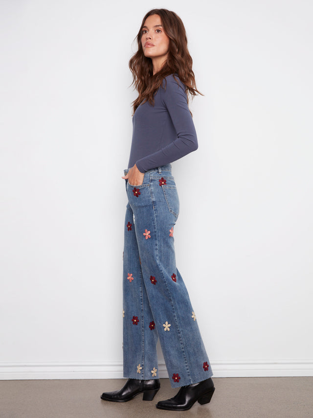 Charlie B Flower Patch Wide Leg Jeans