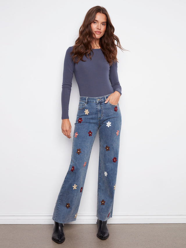Charlie B Flower Patch Wide Leg Jeans