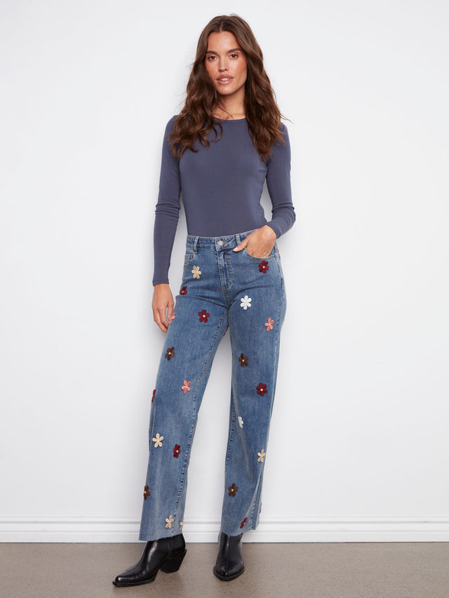 Charlie B Flower Patch Wide Leg Jeans