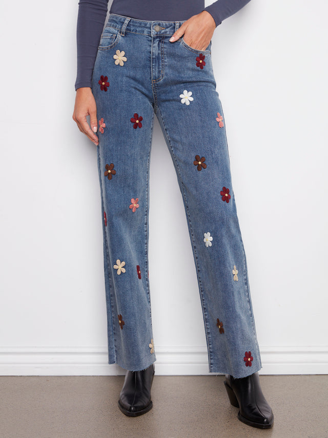 Charlie B Flower Patch Wide Leg Jeans