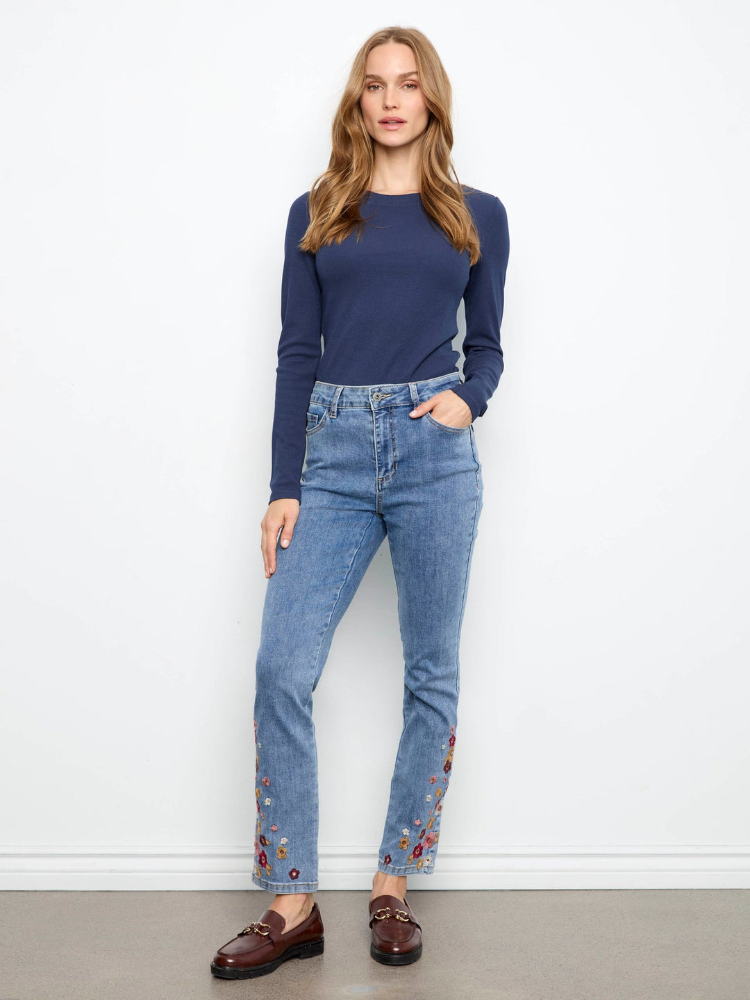 Charlie B Floral Hem Slim Jeans