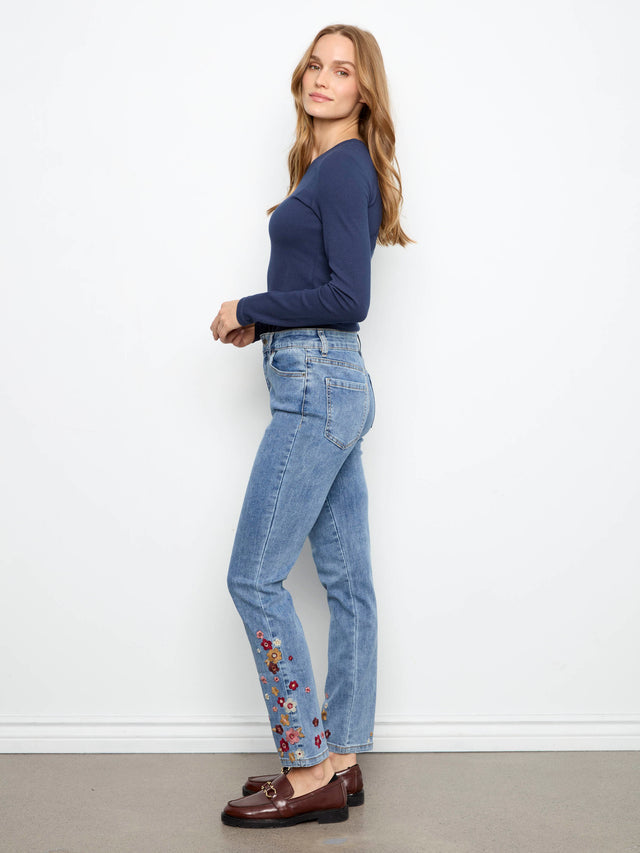 Charlie B Floral Hem Slim Jeans