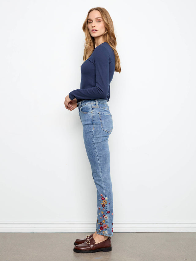 Charlie B Floral Hem Slim Jeans