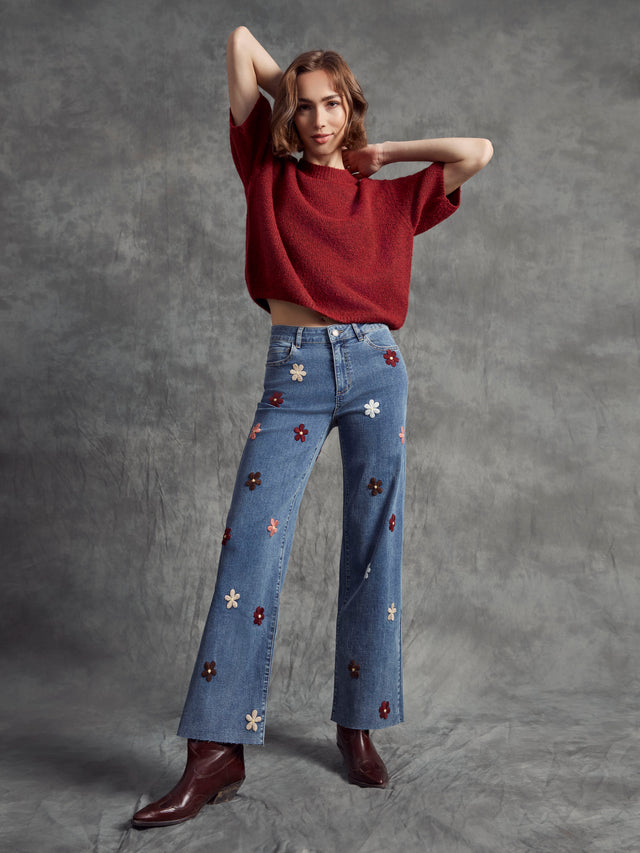 Charlie B Flower Patch Wide Leg Jeans