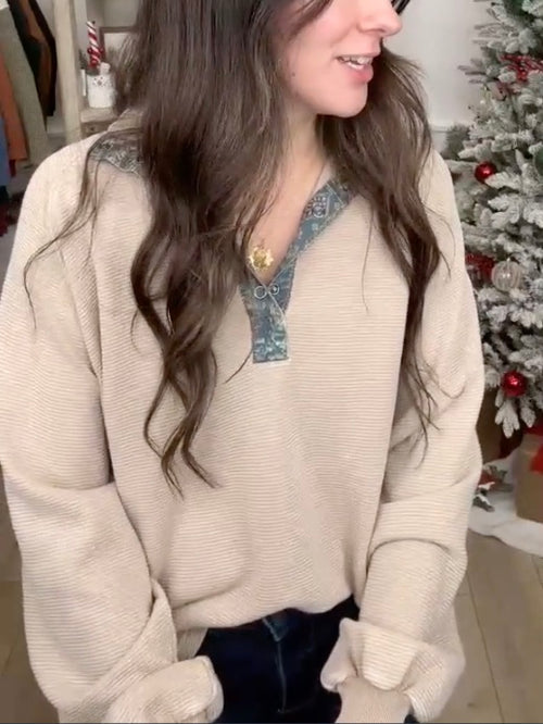 Easel Ribbed Top with Floral Trim