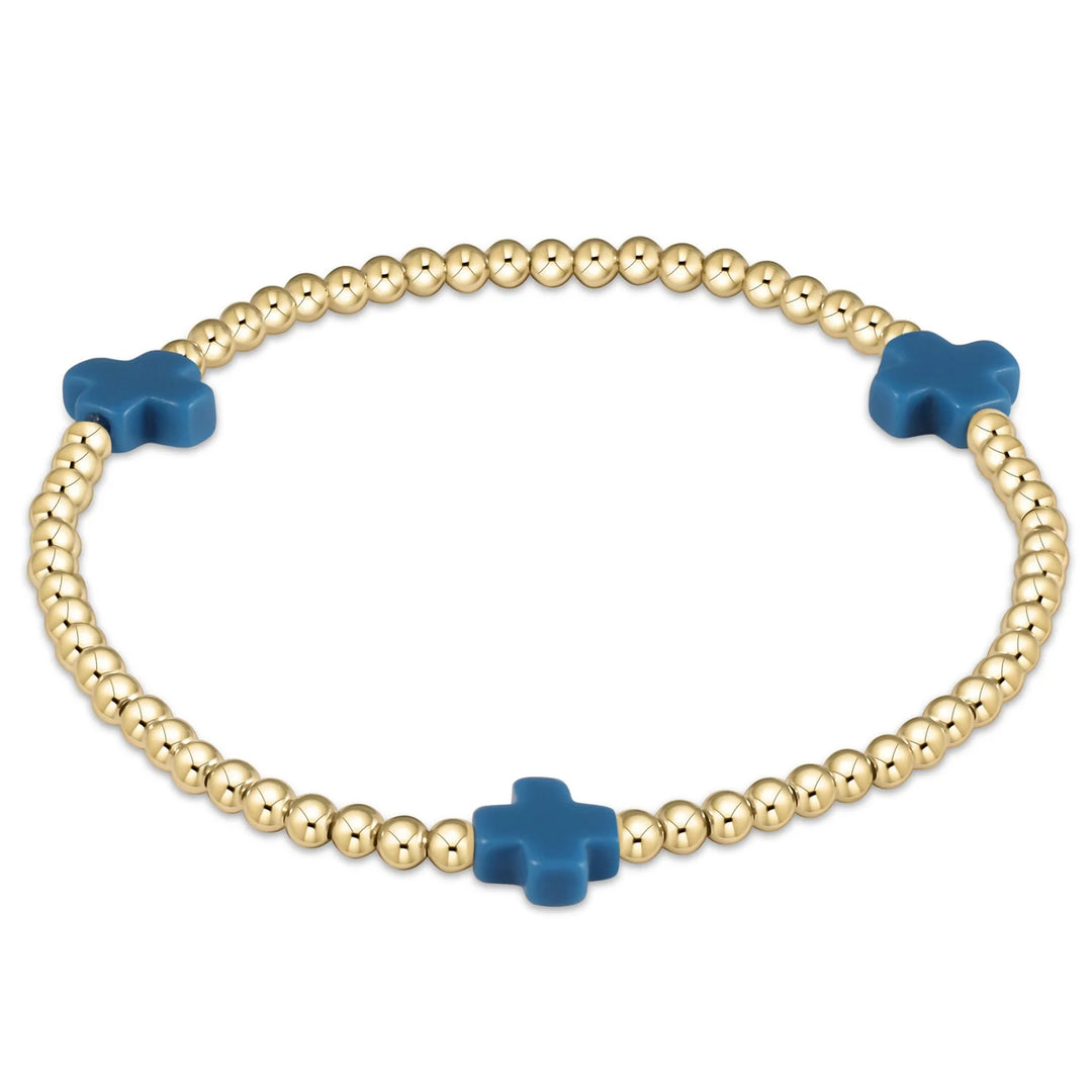 E Newton Signature Cross Gold Pattern 3mm Bead Bracelet Cobalt