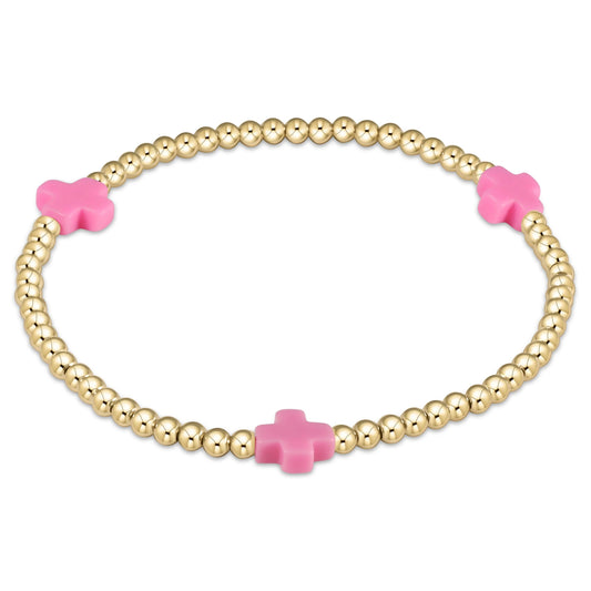 E Newton Signature Cross Gold Pattern 3mm Bead Bracelet Bright Pink