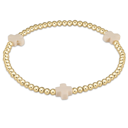 E Newton Signature Cross Gold Pattern 3mm Bead Bracelet Off White