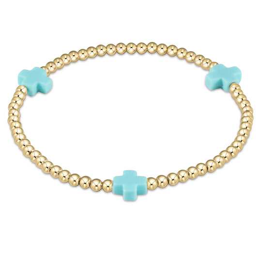 E Newton Signature Cross Gold Pattern 3mm Bead Bracelet Turquoise