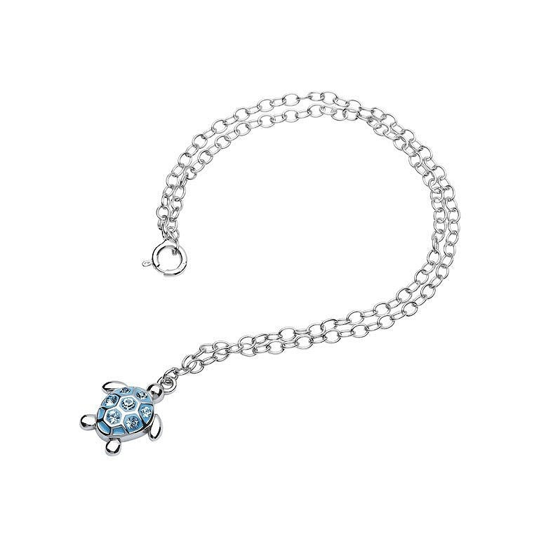 Sterling Silver Turtle with Aqua Crystals Ankle Bracelet