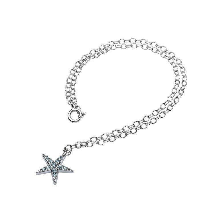 Sterling Silver Starfish with Aqua Crystals Ankle Bracelet