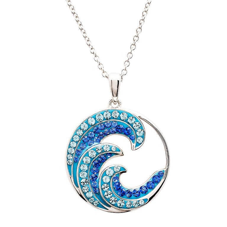 Sterling Silver Sapphire Aqua Crystal Wave Pendant Necklace