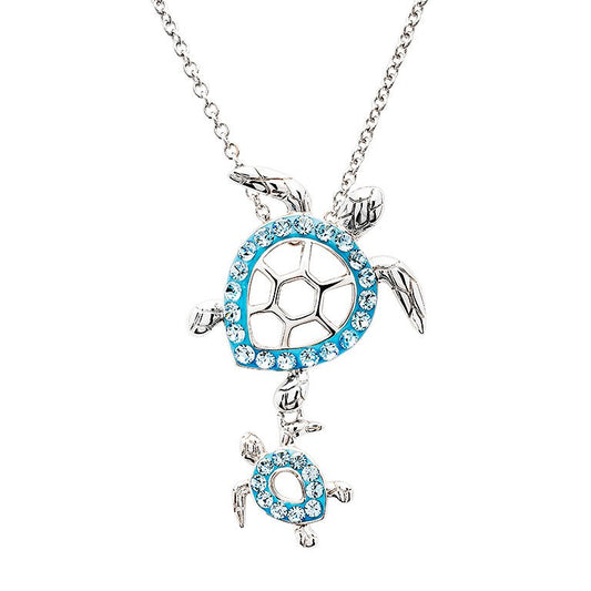 Sterling Silver Aqua Crystal Turtle Necklace