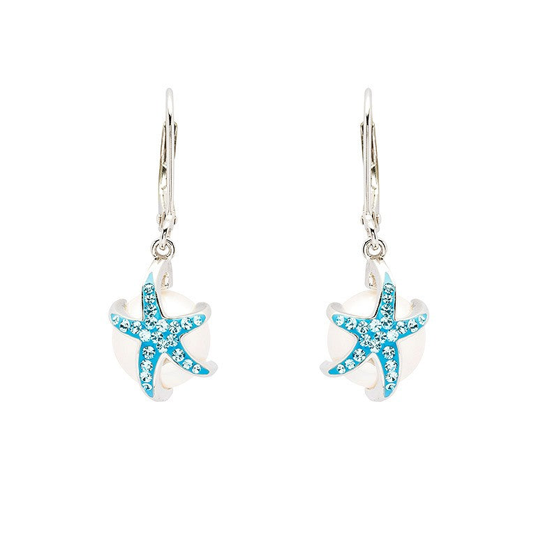 Sterling Silver Pearl & Aqua Crystal Starfish Earrings