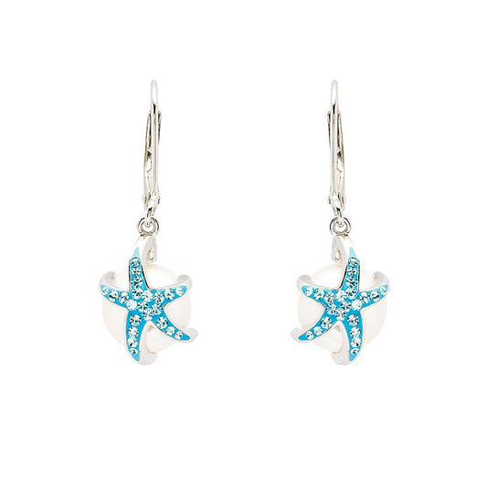 Sterling Silver Pearl & Aqua Crystal Starfish Earrings