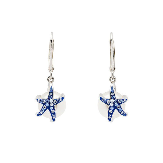 Sterling Silver Pearl & Sapphire Crystal Starfish Earrings